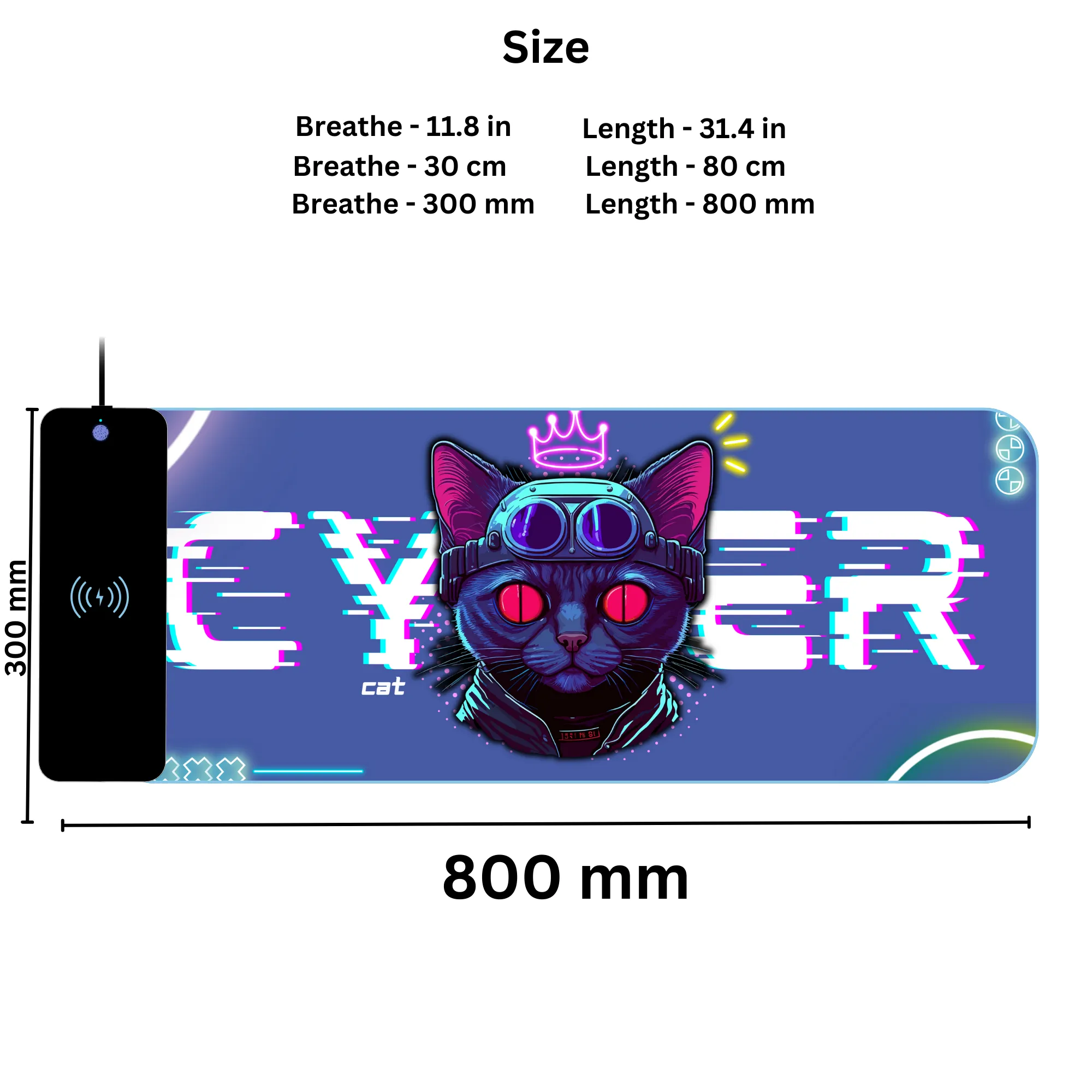 Wireless Charging Mouse Pad with RGB lighting | Waterproof | Oversized | Vibrant Prints | Cyber Cat