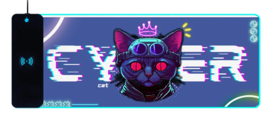 Wireless Charging Mouse Pad with RGB lighting | Waterproof | Oversized | Vibrant Prints | Cyber Cat