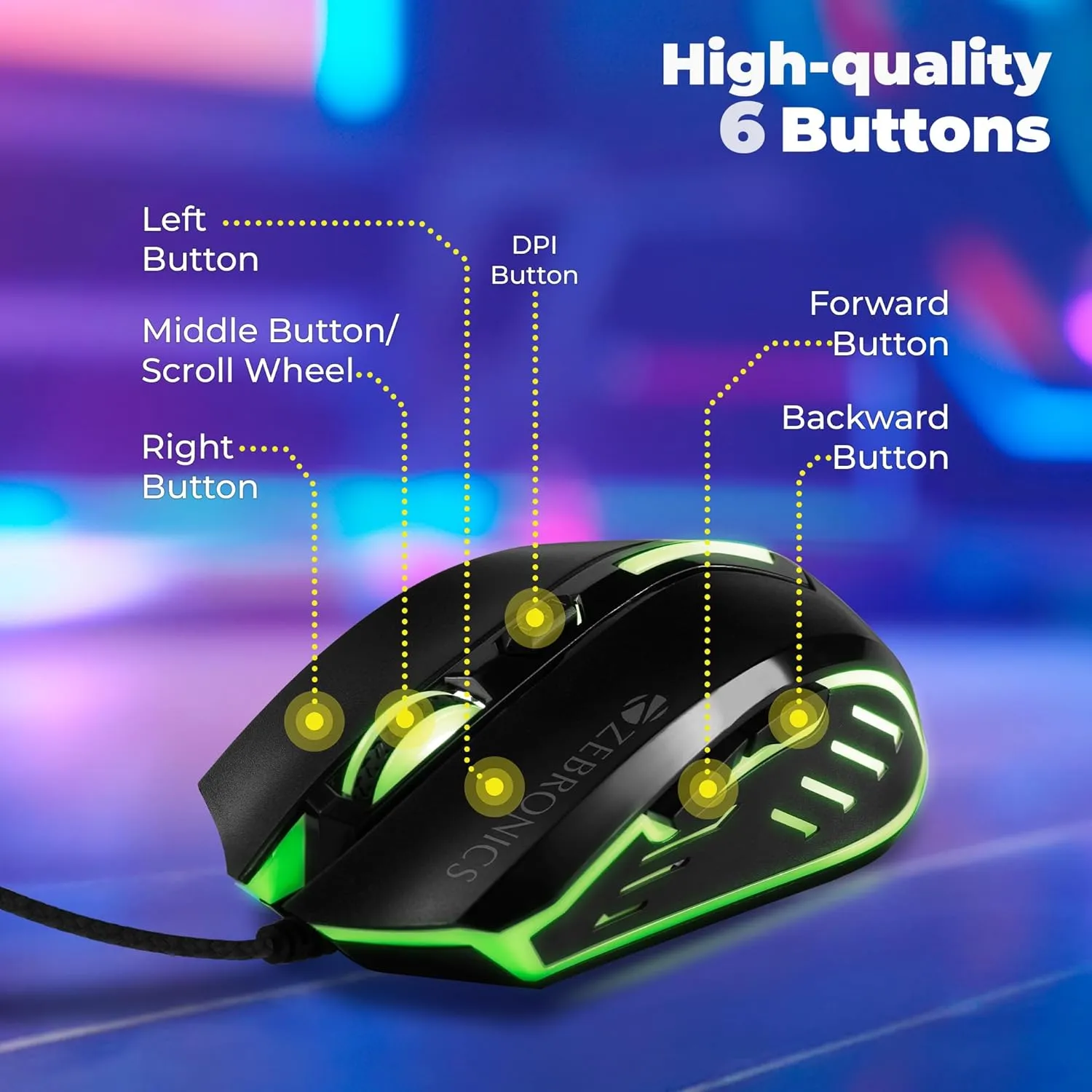 ZEBRONICS Sniper High Precision Wired Gaming Mouse with 6 Buttons, Multicolor LED Lights, DPI Switch with 800/1200/1600/2400 DPI’s