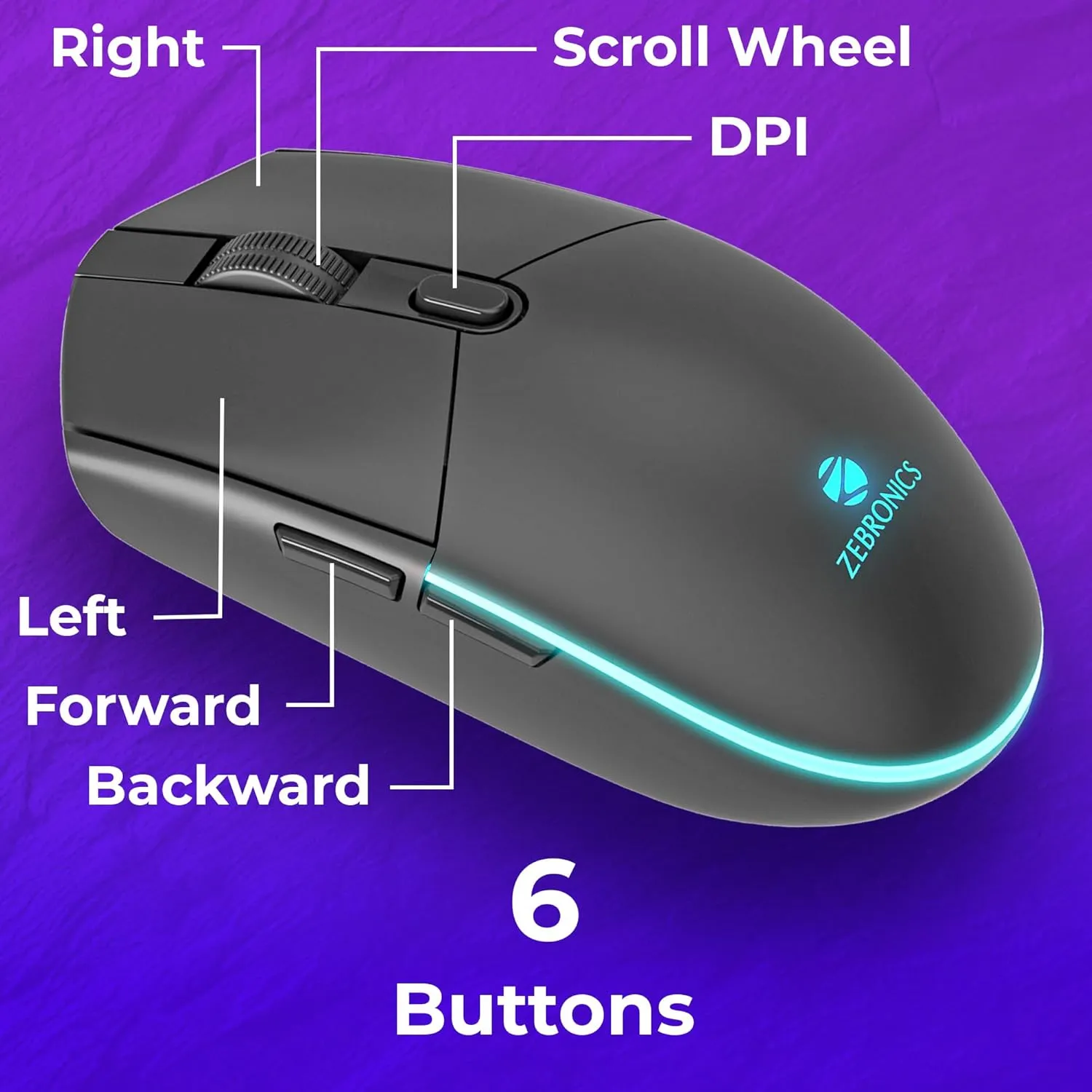 ZEBRONICS ZEB-WAR Gaming Mouse with 6 Buttons, upto 3200 DPI, Breathing LED, Braided Cable